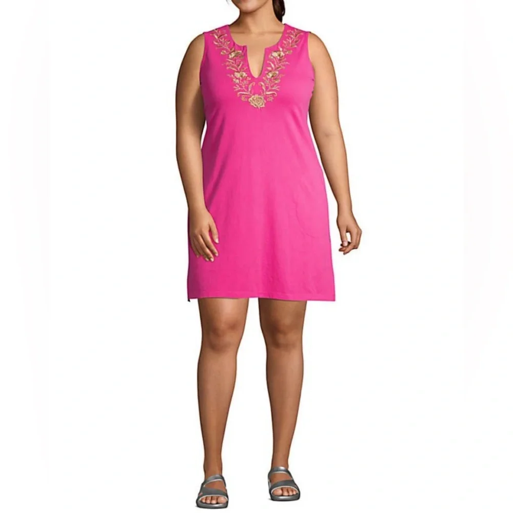 Lands End Pink Sleeveless Dress Embroidered  - Cover Up Size Large - Picture 2 of 15
